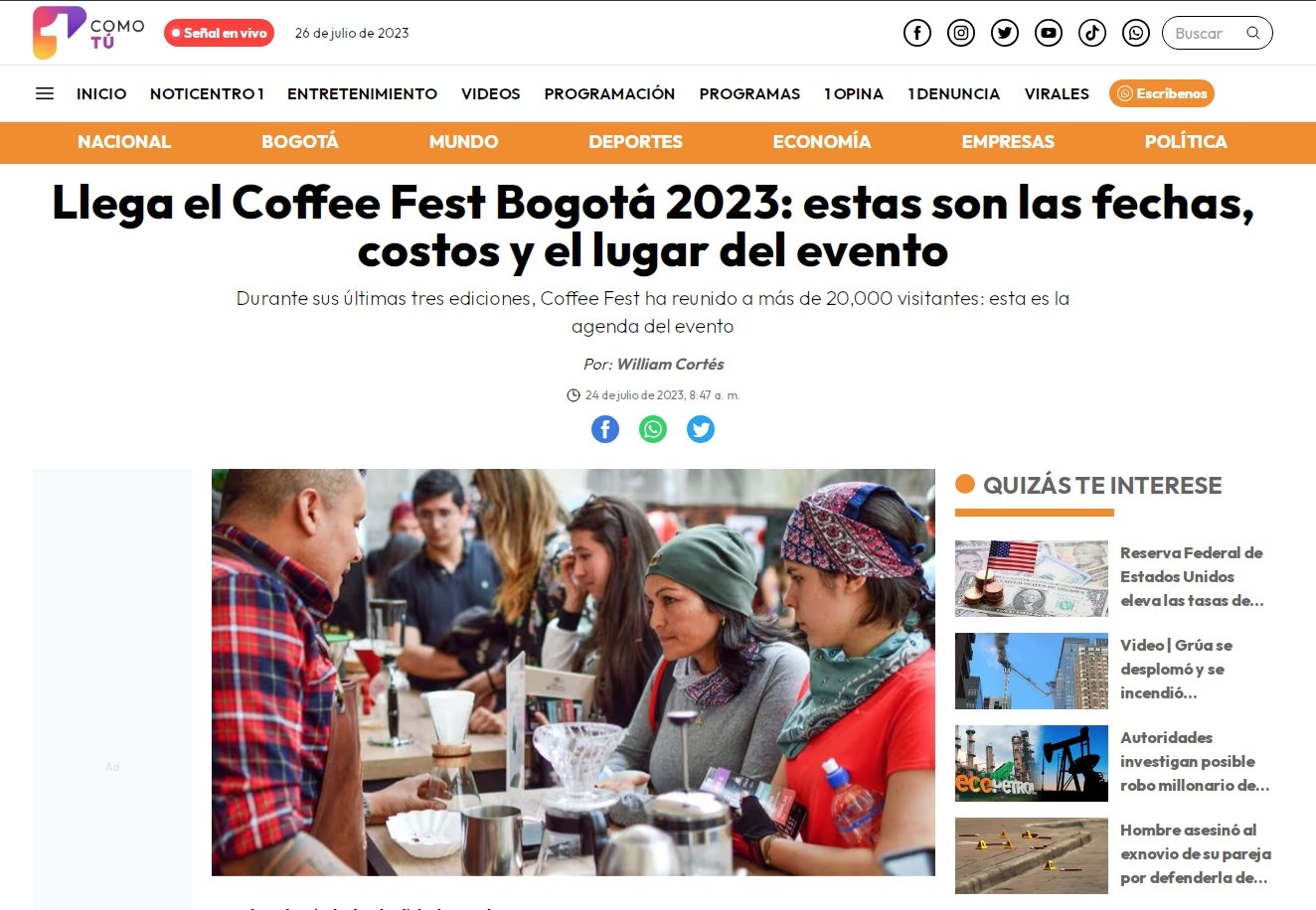 canal1: Llega el Coffee Fest Bogotá 2023: estas son las fechas, costos y el lugar del evento