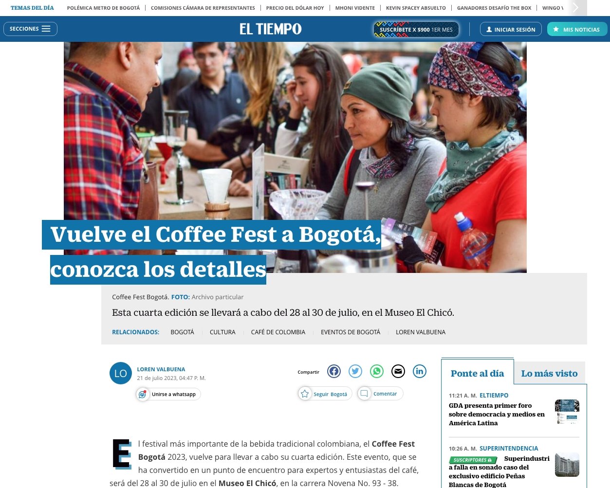 eltiempo.com: Vuelve el Coffee Fest a Bogotá, conozca los detalles