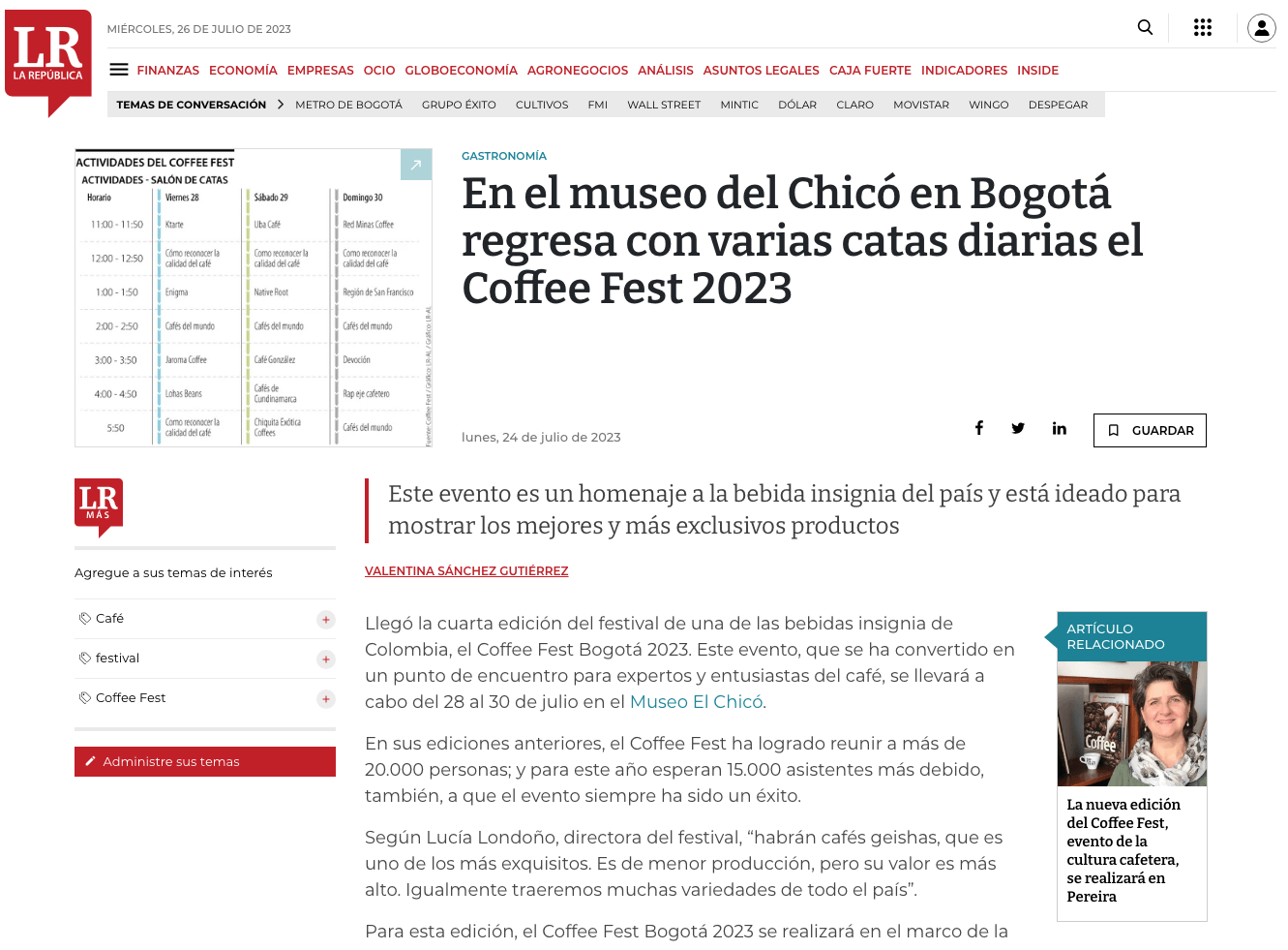 larepublica.co: En el museo del Chicó en Bogotá regresa con varias catas diarias el Coffee Fest 2023